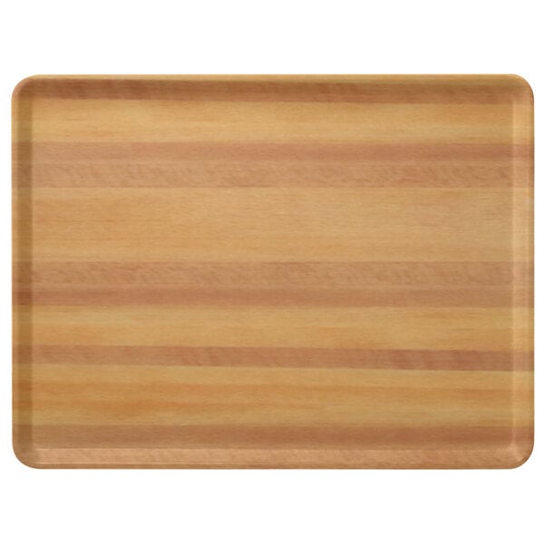 A Carlisle Glasteel wood grain tray with a wood surface and stripes.