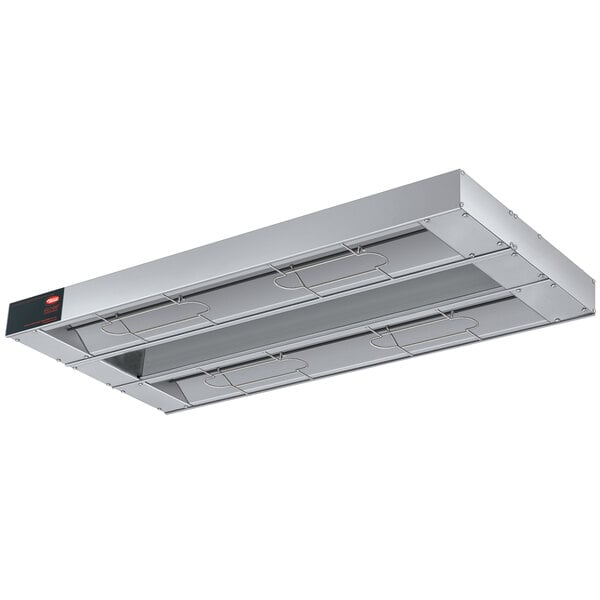 A stainless steel Hatco Glo-Ray infrared warmer with a rectangular light fixture and a black label.