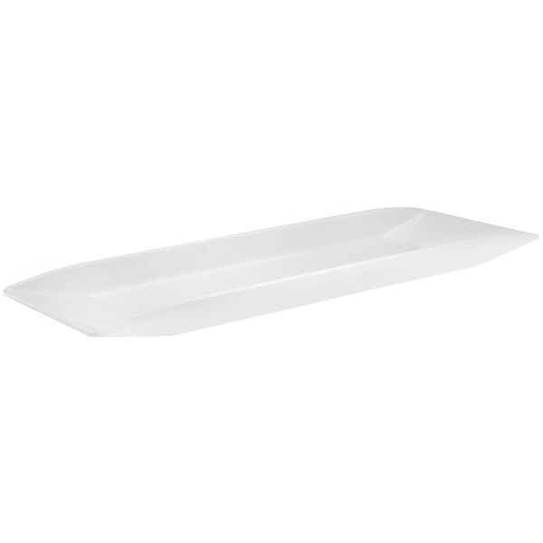 A white rectangular Cal-Mil melamine platter with a long handle.