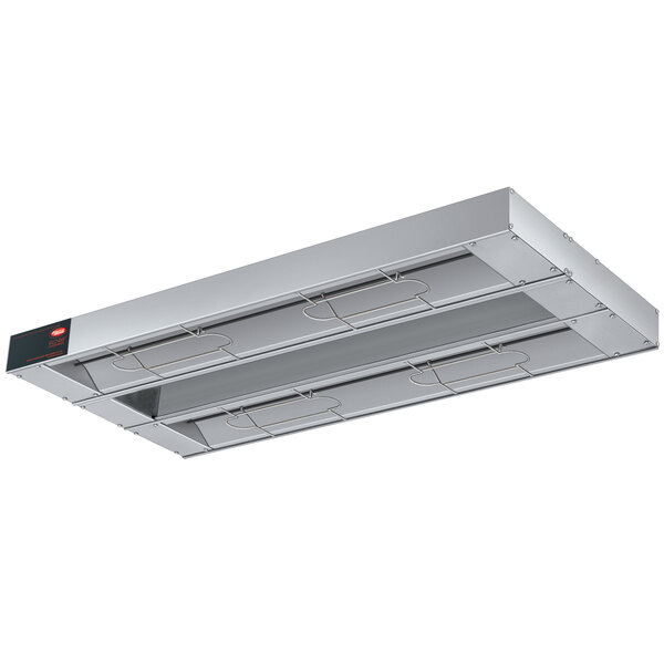 A rectangular stainless steel Hatco Glo-Ray infrared warmer with black toggle controls.
