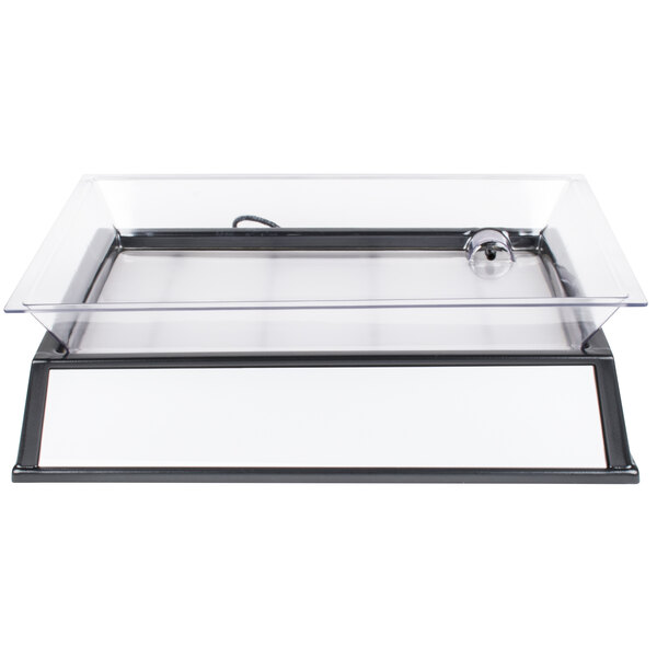 A black rectangular Cal-Mil ice carving pedestal with a white rectangular LED light on a clear plastic box.