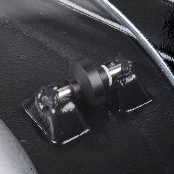 A black plastic Cal-Mil ice carving mirror pedestal with a round metal drain.