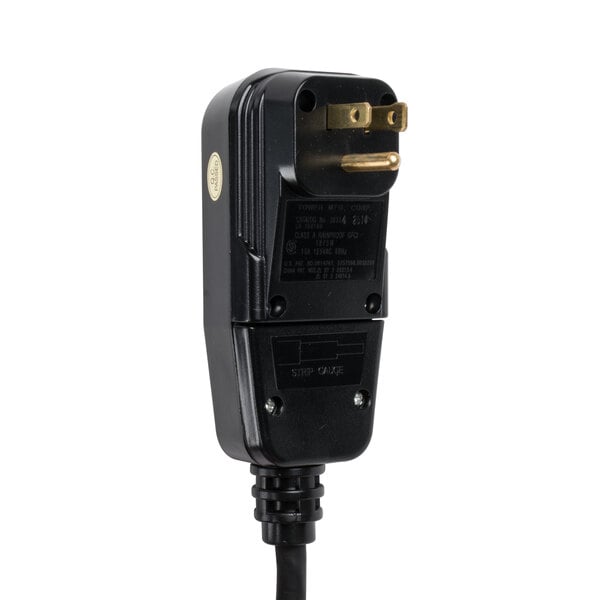 A black electrical cord with a gold plug.