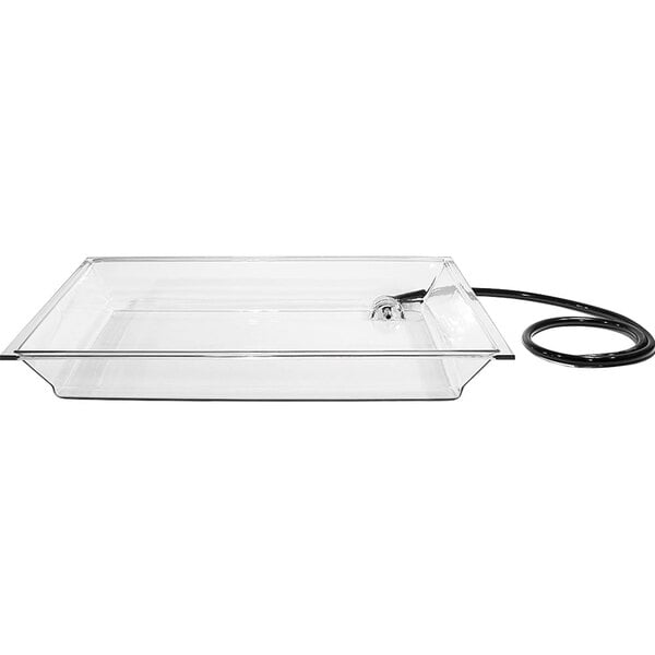 A clear rectangular container with a drainage hose.