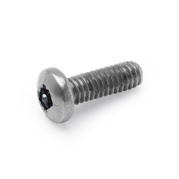 A close-up of a black screw with a white head.