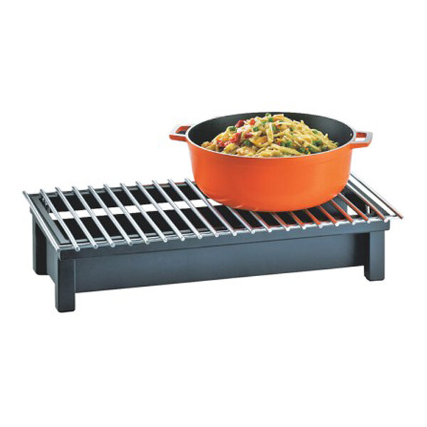 A rectangular black chafer griddle with a metal grate, shown with an orange pot of food on top.
