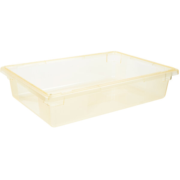 A clear plastic Carlisle food storage box with a yellow lid.