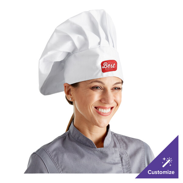 A woman wearing a white Choice chef hat.