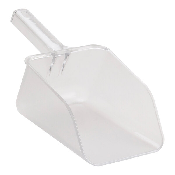 A clear polycarbonate scoop with a handle, designed for scooping dry goods or ice.