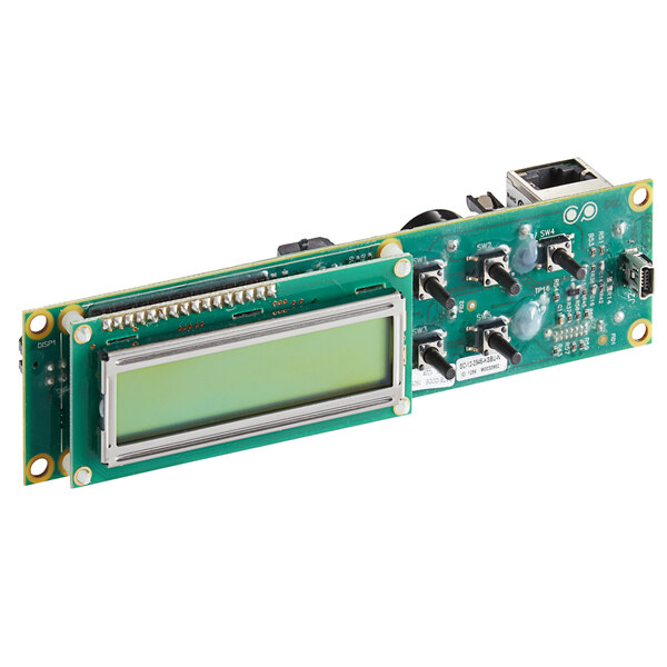 A green circuit board with a display.