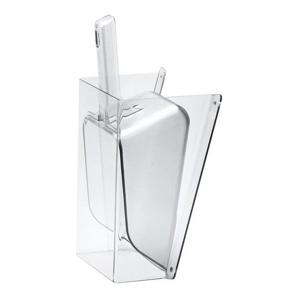 A clear polycarbonate wall mount scoop guard with a 64 oz. scoop.