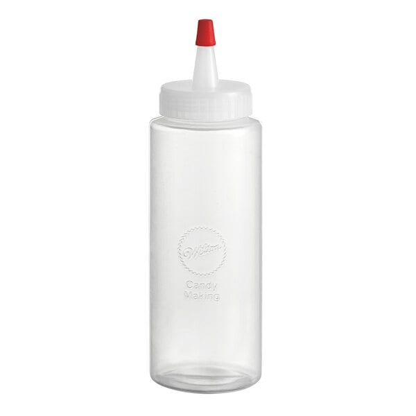 A white plastic bottle with a red cap.