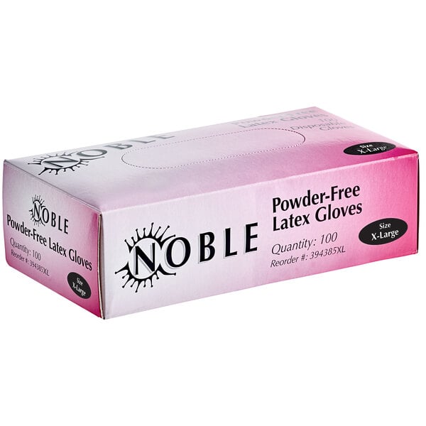 A pink and black box of Noble Powder-Free Latex Gloves.