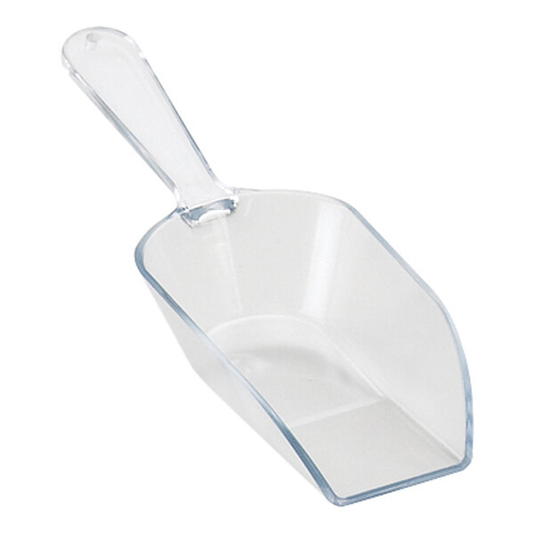 A clear polycarbonate scoop with a short handle, designed to hold 3 ounces.