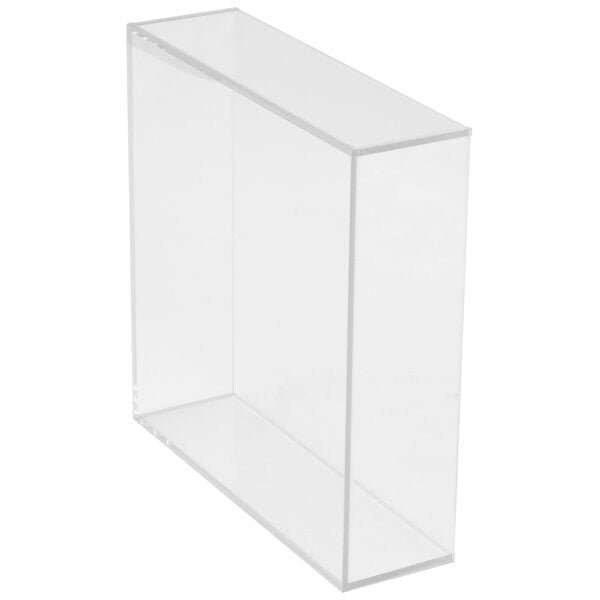 A clear plastic box with a clear surface containing a Cal-Mil clear acrylic square accessory bowl.