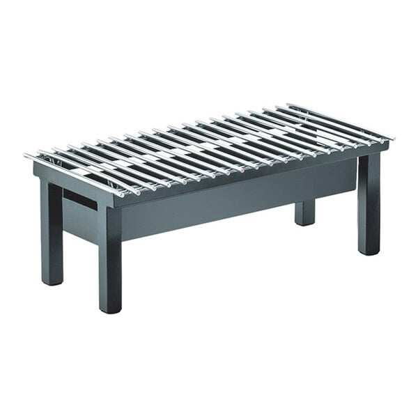 A rectangular black chafer griddle with a chrome grill top and four sturdy legs.