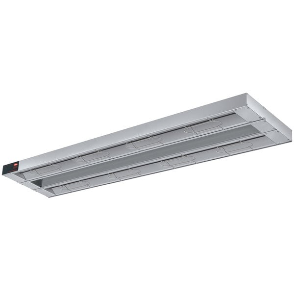 A long rectangular Hatco Strip Warmer with lights inside.