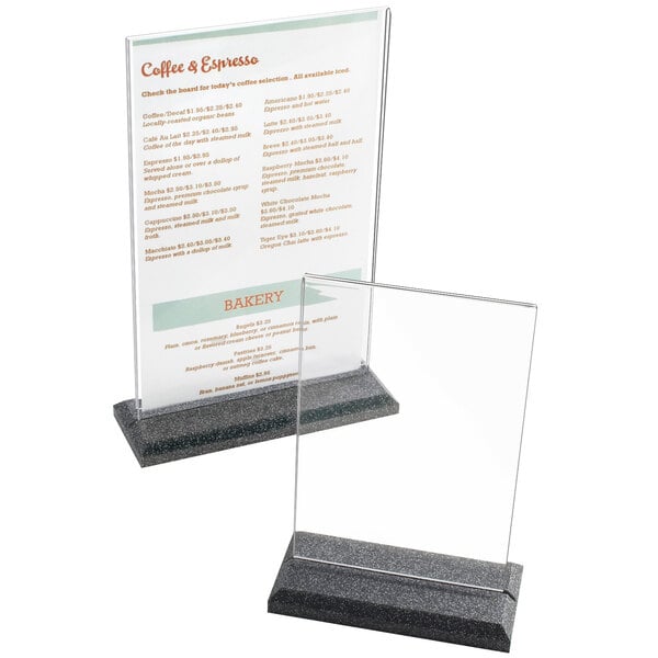 A close-up of a clear acrylic Cal-Mil menu displayette.