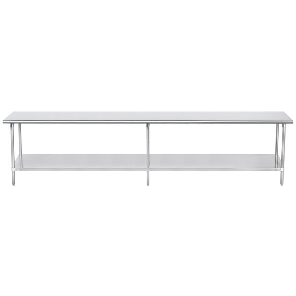 A white stainless steel work table with metal undershelf legs.