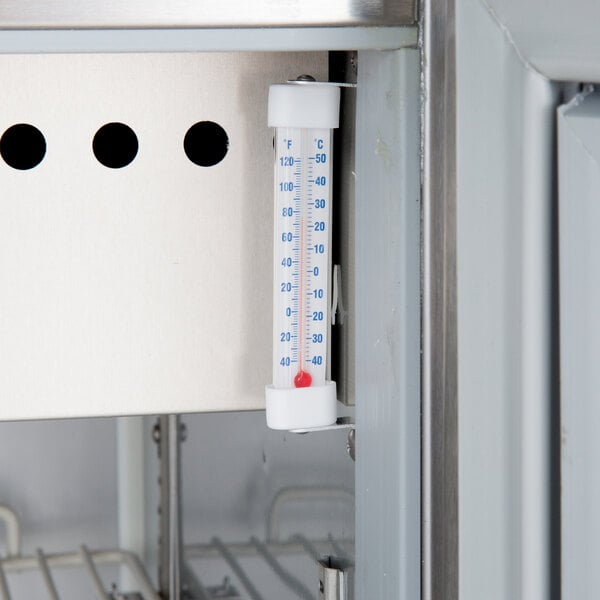 A Beverage-Air Elite Series 2 door mega top sandwich prep table with a thermometer attached.