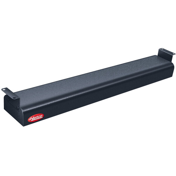 A black rectangular Hatco strip warmer with a red logo.