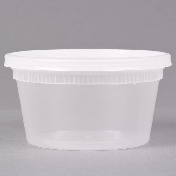 A Pactiv translucent plastic deli container with a white lid.