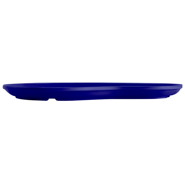 A cobalt blue melamine plate with a white background.