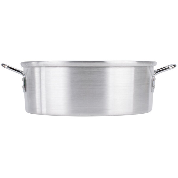 A silver aluminum pan with handles.