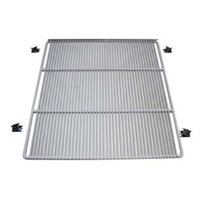 A white coated wire shelf with narrow gaps and two holes.