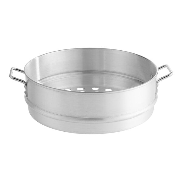 A silver aluminum steamer pot with a lid and handles.