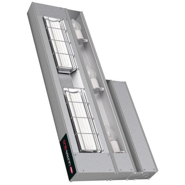 A Hatco Ultra-Glo ceramic infrared strip warmer with two doors and bulbs inside.