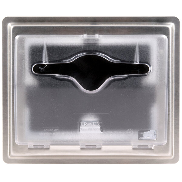 A clear plastic case with a stainless steel object inside.