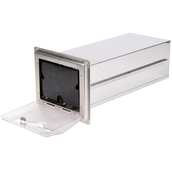 A silver rectangular Vollrath napkin dispenser with a clear faceplate.