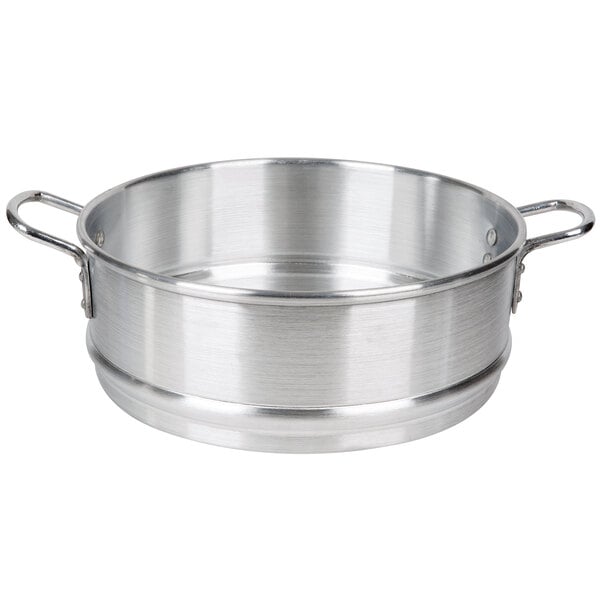 A silver aluminum pot with handles.