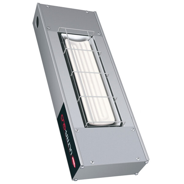 A rectangular metal box with white ceramic infrared strips inside.