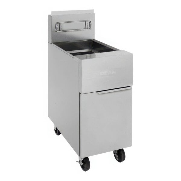 A Dean by Frymaster liquid propane floor fryer with wheels.