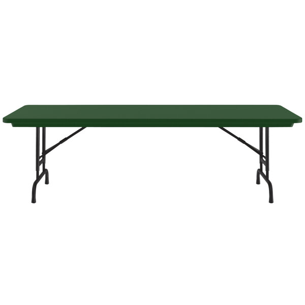A green rectangular Correll folding table with black legs.