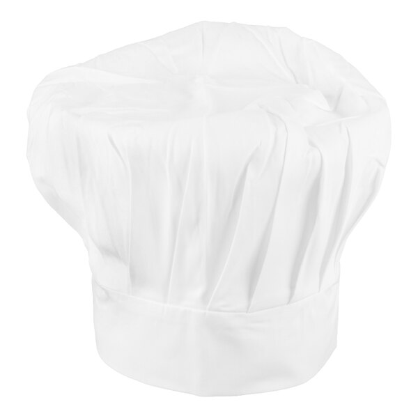 A white, pleated chef hat with a wide band at the base.