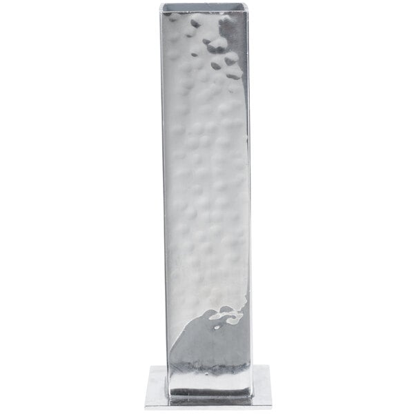 An American Metalcraft hammered stainless steel bud vase with a rectangular base.