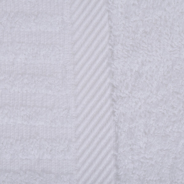 A close up of an Oxford Signature white bath sheet with a stripe.