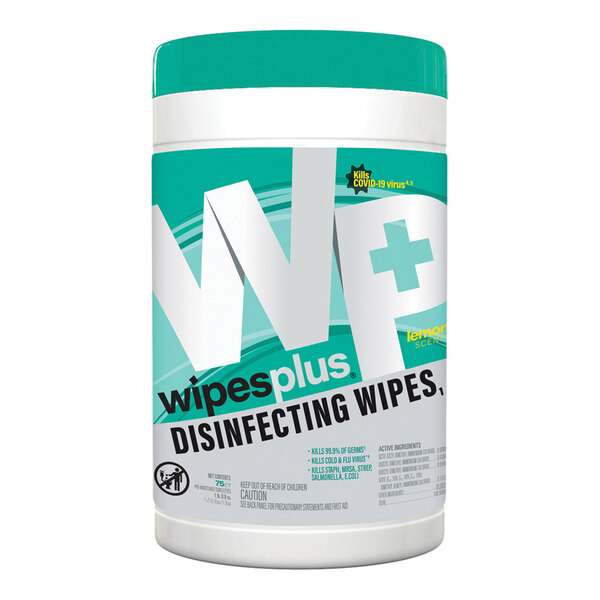 WipesPlus 8" x 7" 75 Count Lemon Scent Alcohol Free Surface Disinfecting Wipes