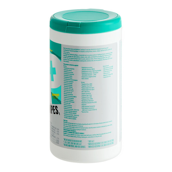 A cylindrical canister with a teal lid and a mostly white label containing text, likely for disinfecting wipes.