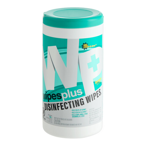 A cylindrical canister with a teal lid and label, containing disinfecting wipes.