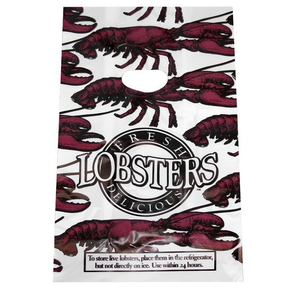 A white plastic food grade bag with lobsters on it.