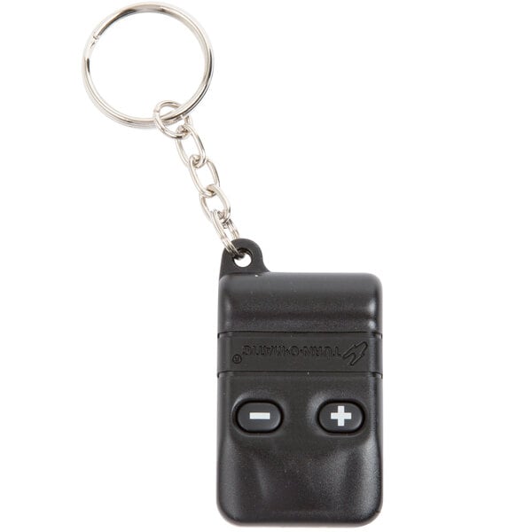 A black Turn-O-Matic Replacement Wireless Remote with two buttons on a keychain.