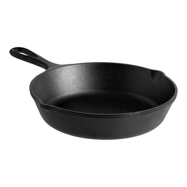 An 8-inch pre-seasoned cast iron skillet with a handle.