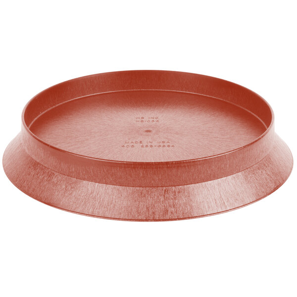 A red plastic container with a round bottom and circular rim.