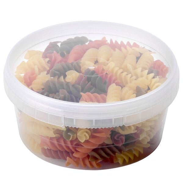 A Tamper Resistant Tamper Evident Safe Lock deli container lid on a plastic container of pasta.
