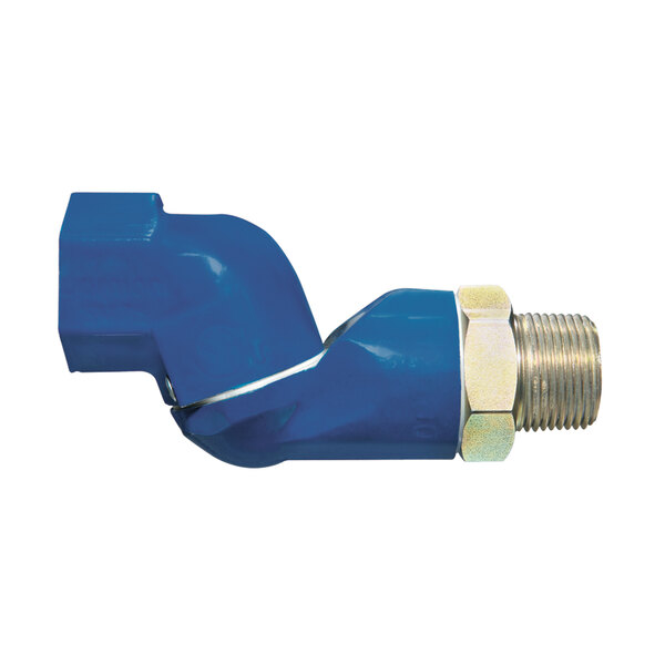 A blue and silver Dormont SwivelMAX connector on a blue hose.