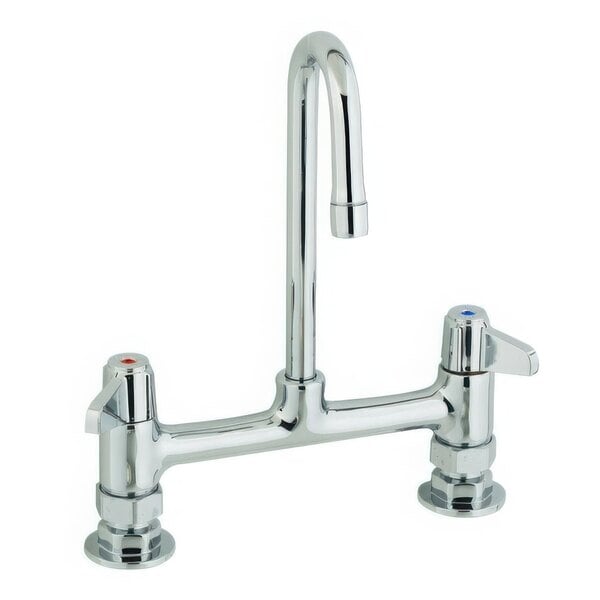 A silver Equip by T&S deck-mounted faucet with 2 gooseneck spouts and lever handles.